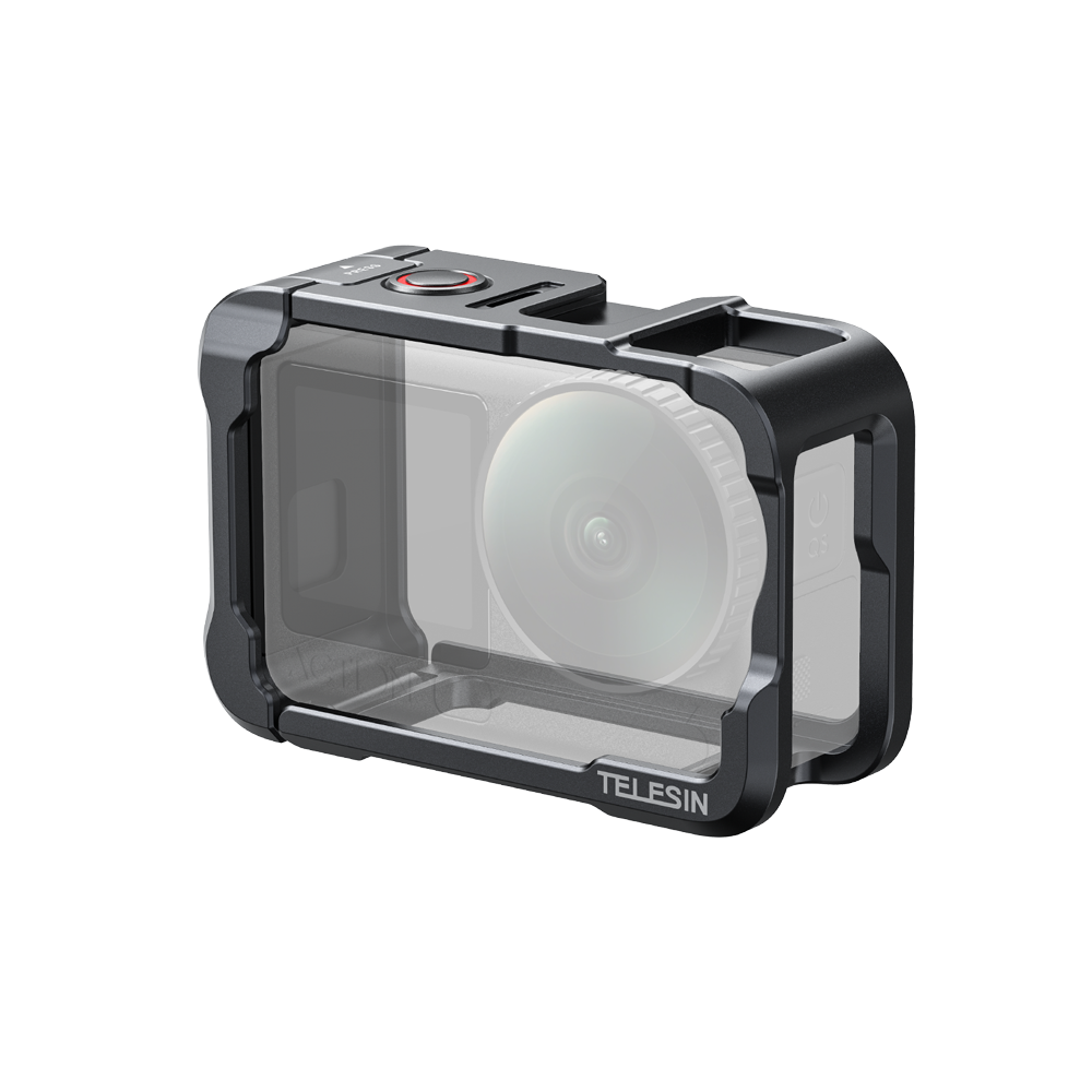 Supplier-owned official-store photograph of the metal cage for Action 6, showing the TELESIN logo on the cage with the camera inside.